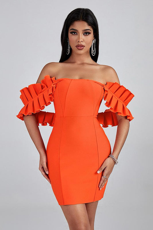 Velma vestido Bandage corto, color naranja y detalle a los hombros